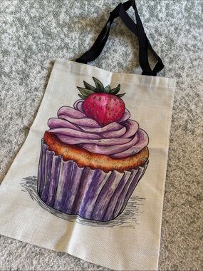 Purple Strawberry Iced Cupcake Poly Cavas Tote Bag NWT 13x17.25”